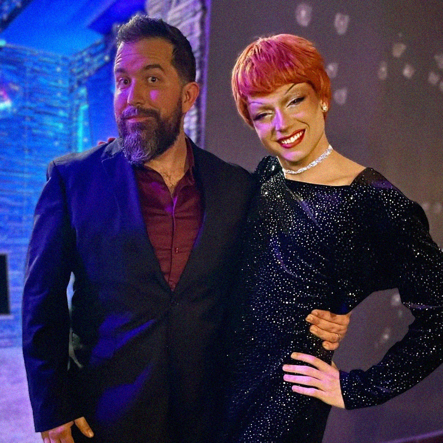 Photo of Joshua Holloway as his drag queen alter Celeste, with Nico Rhodes, a jazz piano player.