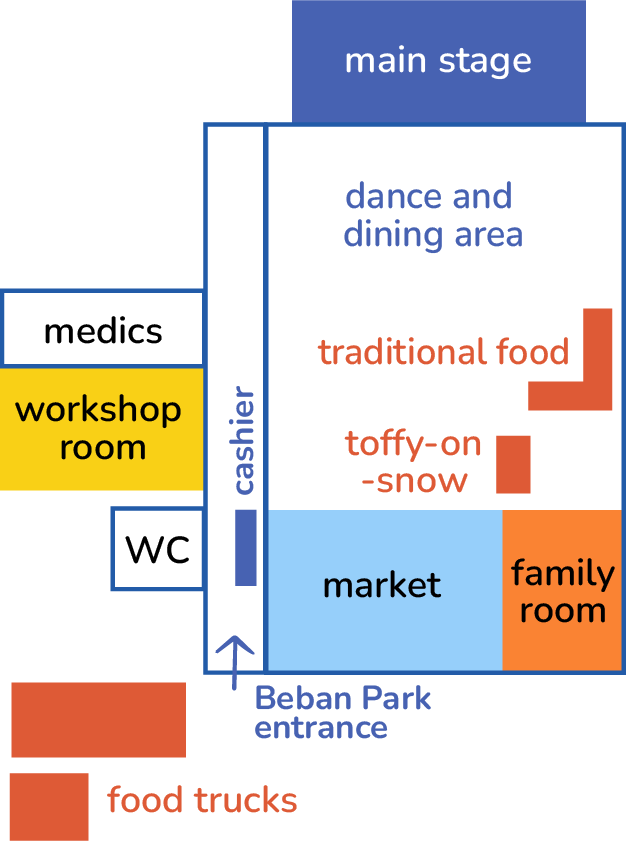 Map of the Maple Sugar Festival schedule showing stages, tasting areas, and activity zones across the festival grounds.